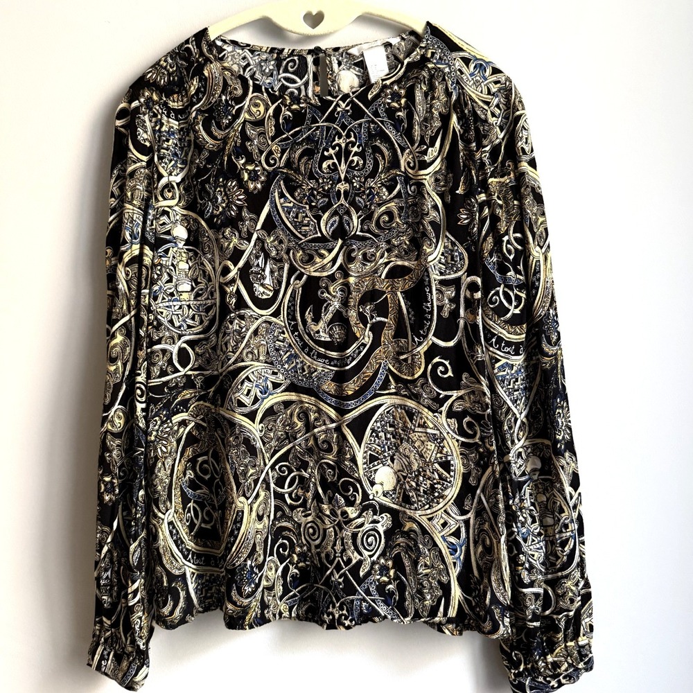 H&M Regency Goth Floral Paisley Top 6 Black Gold Crepe Blouse Peasant Dressy - Picture 2 of 10